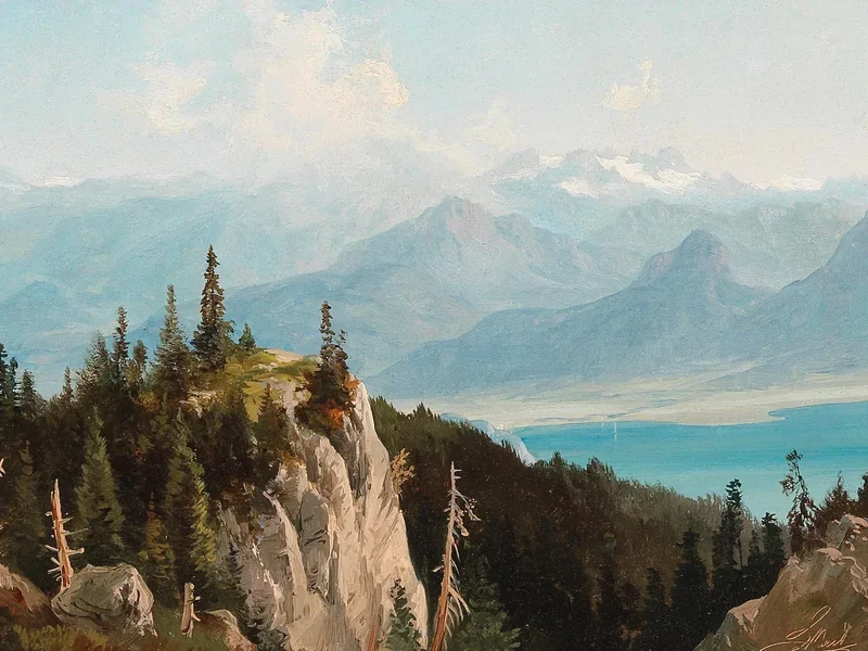 1820-Ludwig Beständig - Vista del lago Wolfgang dalla ferrovia Schafberg